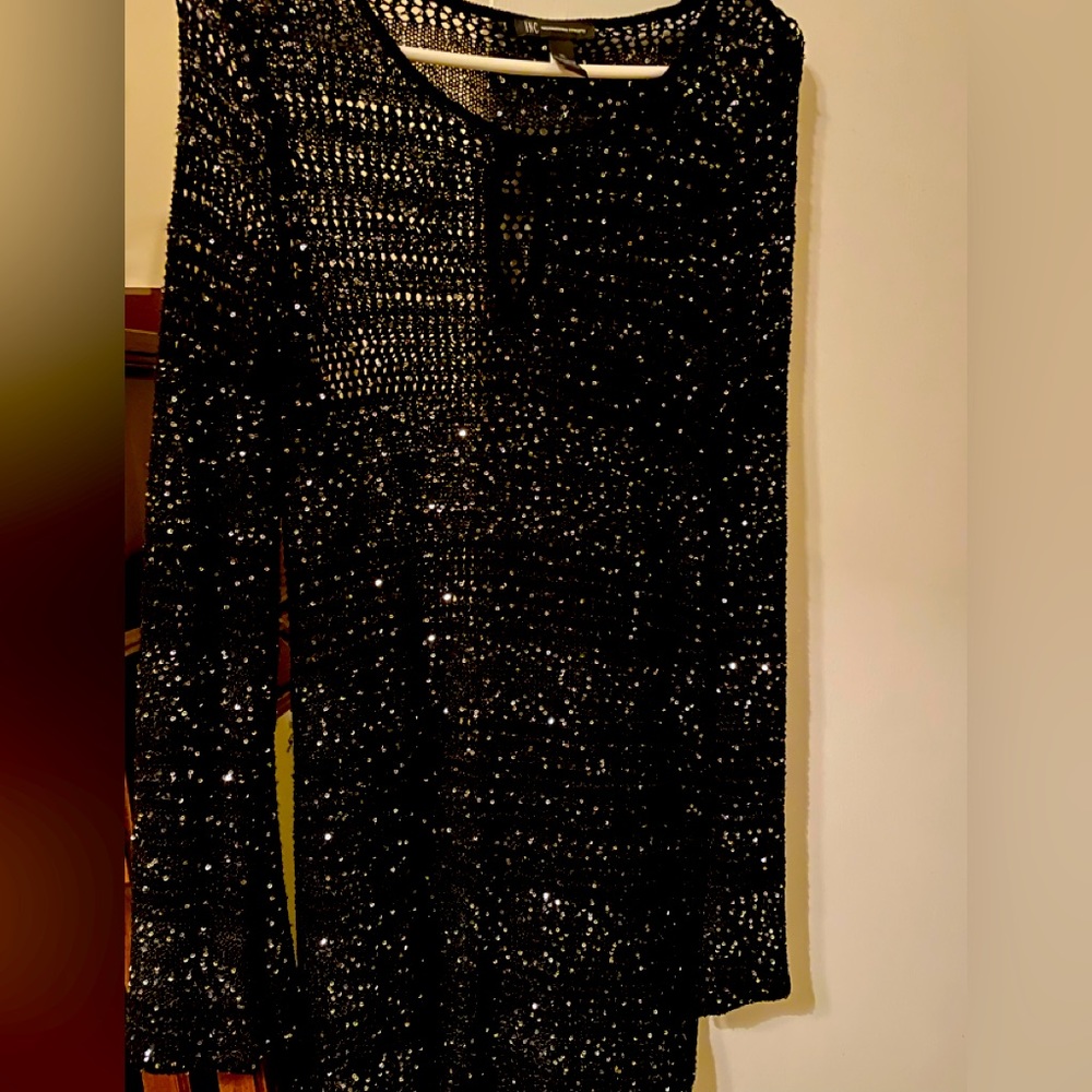 Women's XL Sheer Black Top INC Netting Style With Sequins Keyhole At Collar
